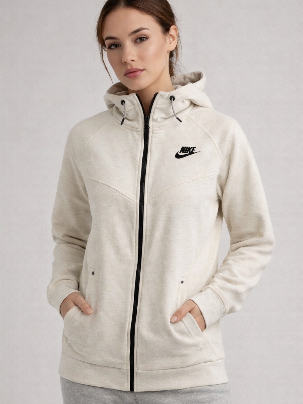 Nike Full Zip Hoodie Women’s Large Cream Beige Swoosh Fleece Jacket Athleisure